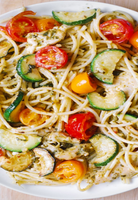 Spaghetti with Zucchini, Tomato and Chicken which includes a Basil Pesto